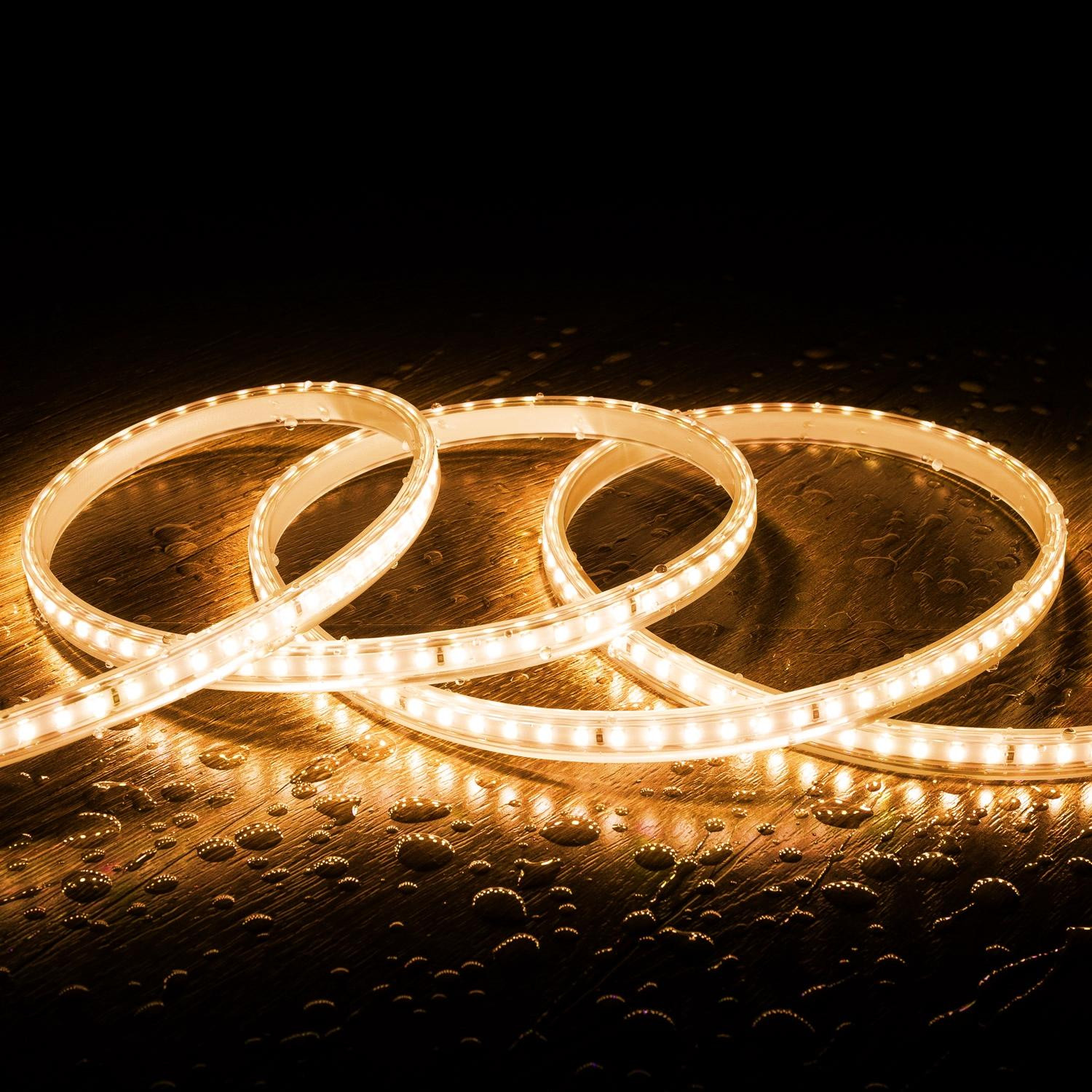 Ruban LED 220V SMD2835 120LED/m Blanc Chaud IP65 Largeur 12mm Coupe tous les 100cm 50m