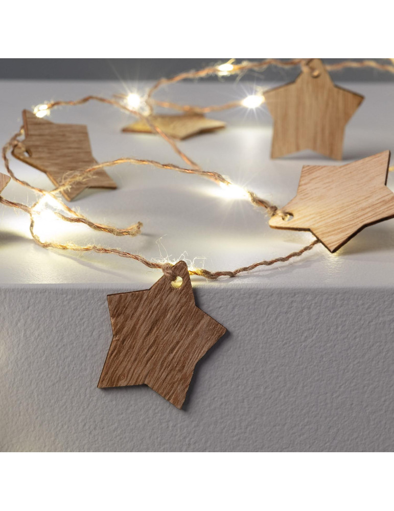 Guirlande Lumineuse LED Étoiles Bois avec Piles 2.2m