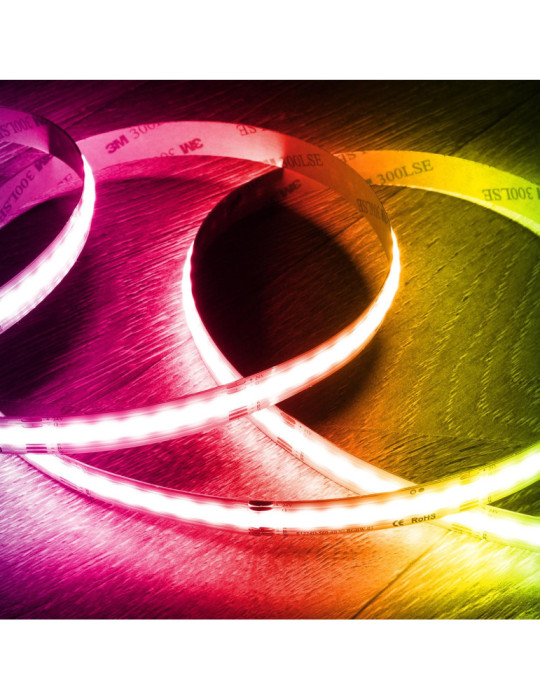 Ruban LED RGBW 24V DC COB 420 LED/m 5m IP20 CRI90 Largeur 12mm Coupe 5 cm