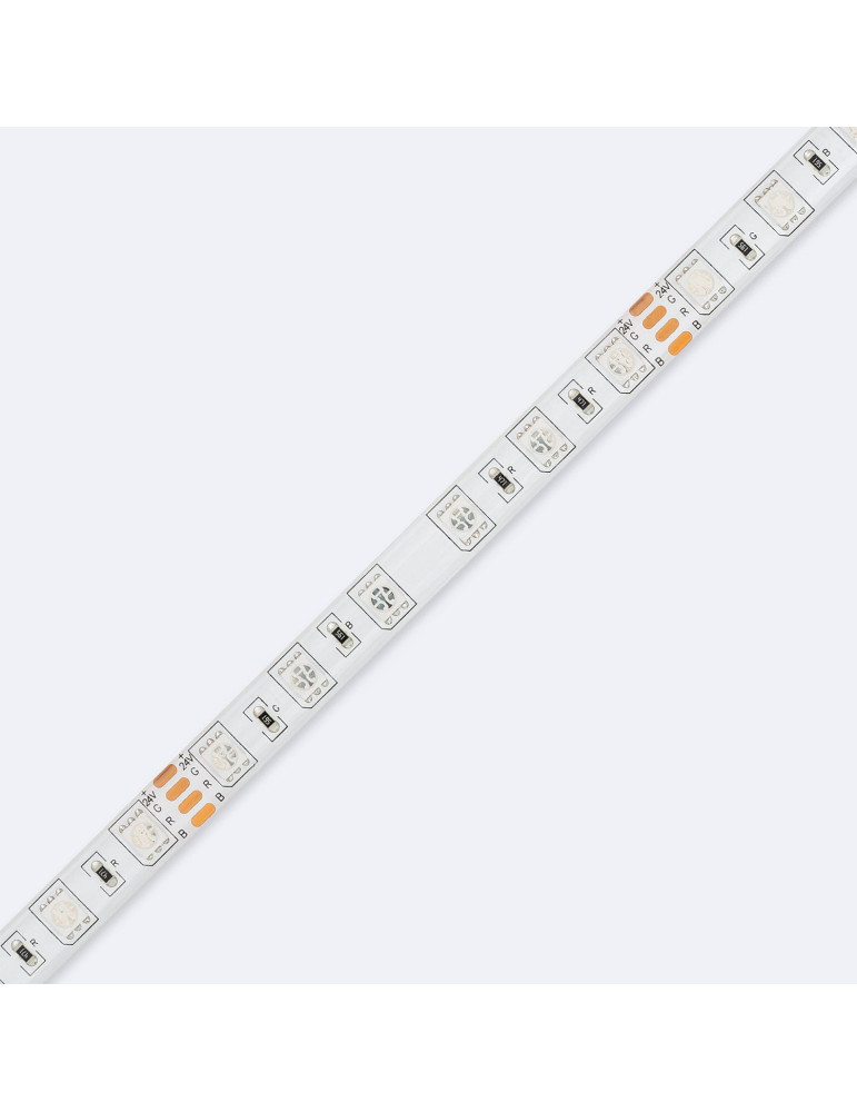 Ruban LED RGB 24V DC SMD5050 60LED/m 5m IP65 Largeur 10mm Coupe 10cm