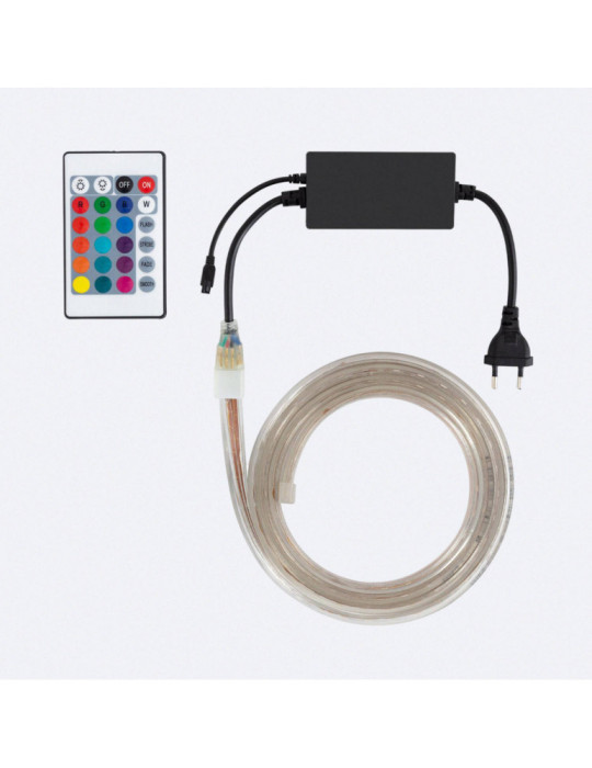 Ruban LED 220V AC 60LED/m RGB IP65 avec Contrôleur IR sur Mesure Largeur 16mm Coupe tous les 100cm