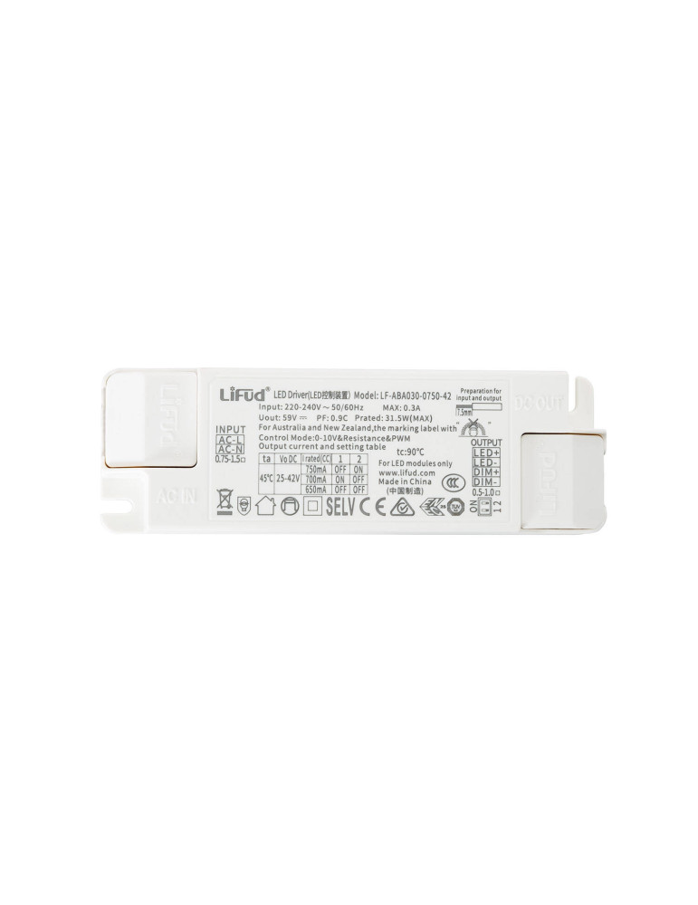 Driver LIFUD Dimmable 0-10V 220-240V No Flicker Sortie 25-42V 650-750mA 26-30W LF-ABA030-0750-42 Driver LIFUD Dimmable 0-10V 220-240V No Flicker Sortie 25-42V 650-750mA 26-30W LF-ABA030-0750-42