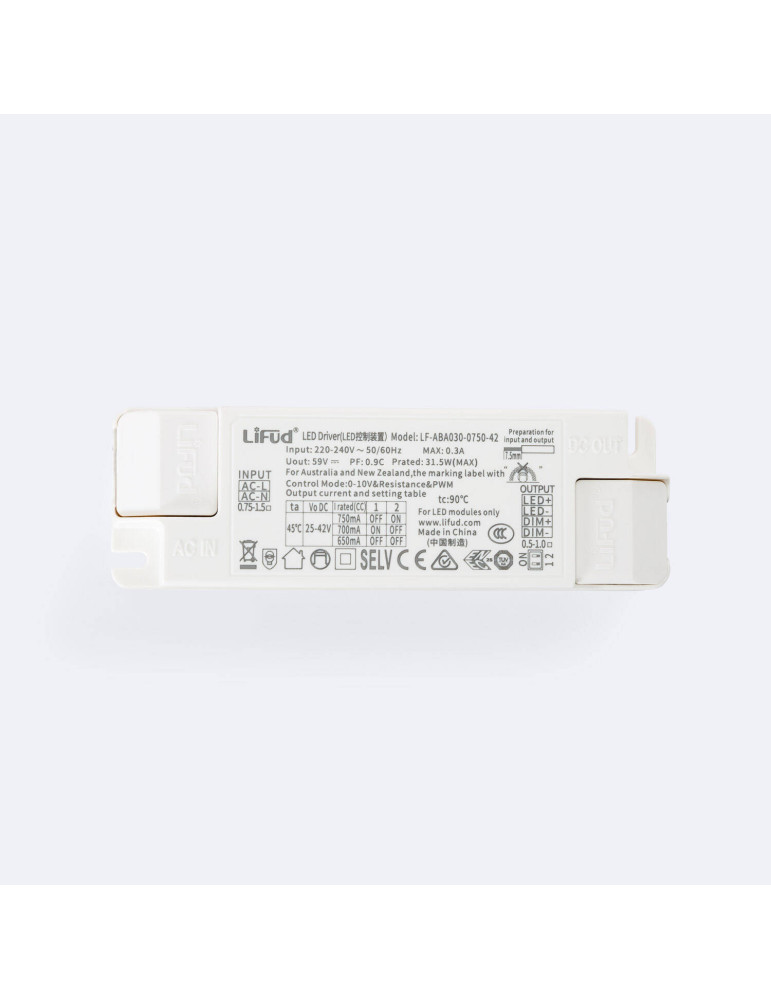 Driver LIFUD Dimmable 0-10V 220-240V No Flicker Sortie 25-42V 650-750mA 26-30W LF-ABA030-0750-42