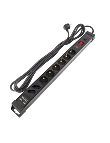 Bloc Multiprises 6 Prises Type F Schuko EU Protecteur de Surtensions + 2 Prise Type C+ 2USB 5m