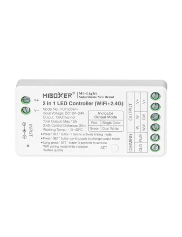 Contrôleur Variateur Wifi LED Monochrome/CCT 12/24V DC MiBoxer FUT035W+ Compatible avec Bouton Poussoir