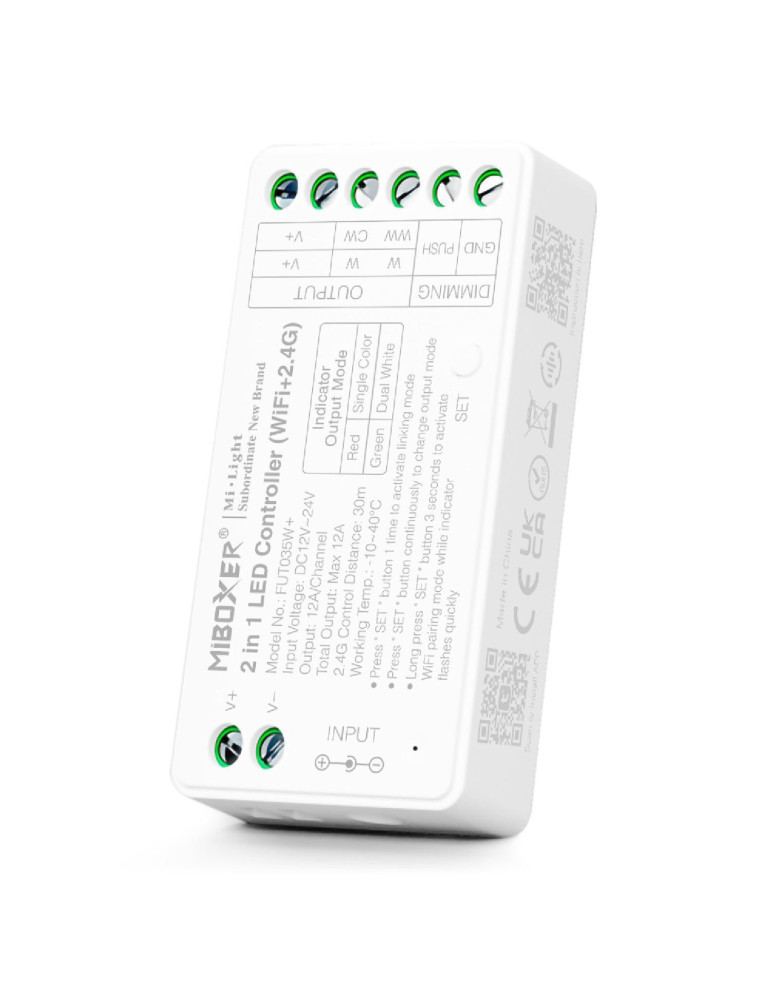 Contrôleur Variateur Wifi LED Monochrome/CCT 12/24V DC MiBoxer FUT035W+ Compatible avec Bouton Poussoir
