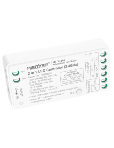 Contrôleur Variateur LED Monochrome/CCT 12/24V DC MiBoxer FUT035S+Compatible avec Bouton Poussoir
