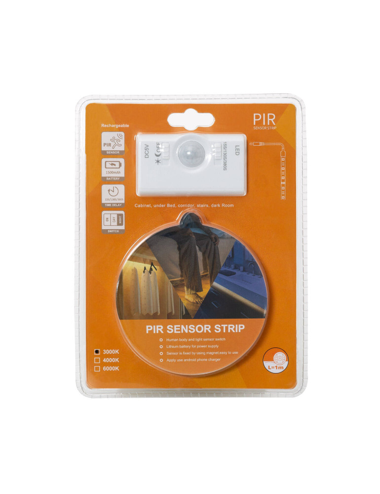 Ruban LED 30LED/m 1m IP20 Batterie Rechargeable avec Détecteur de Présence