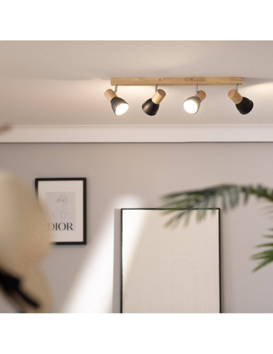 Plafonnier Métal et Bois Tautau 4 Spots