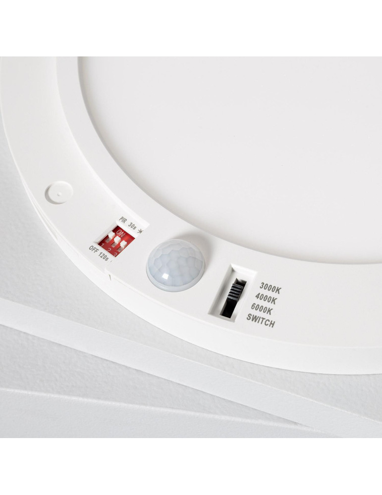 Dalle LED Ronde 18W CCT Sélectionnable Slim Surface avec Détecteur de Présence PIR Coupe Ajustable Ø75-205 mm