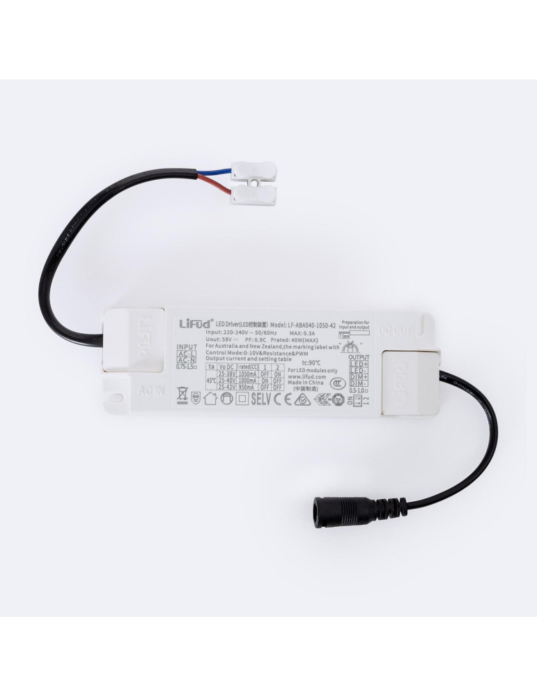 Driver LIFUD Dimmable 0-10V 220-240V No Flicker Sortie 25-38V 950-1050mA 24-40W LF-ABA040-1050-42 Driver LIFUD Dimmable 0-10V 220-240V No Flicker Sortie 25-38V 950-1050mA 24-40W LF-ABA040-1050-42