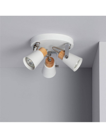 Plafonnier Rond Orientable Métal et Bois Mara 3 Spots