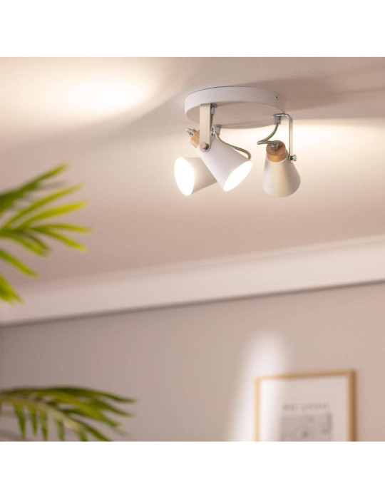 Plafonnier Rond Orientable Métal et Bois Mara 3 Spots