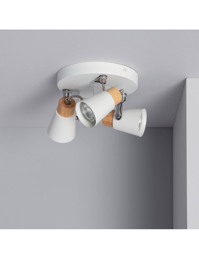 Plafonnier Rond Orientable Métal et Bois Mara 3 Spots