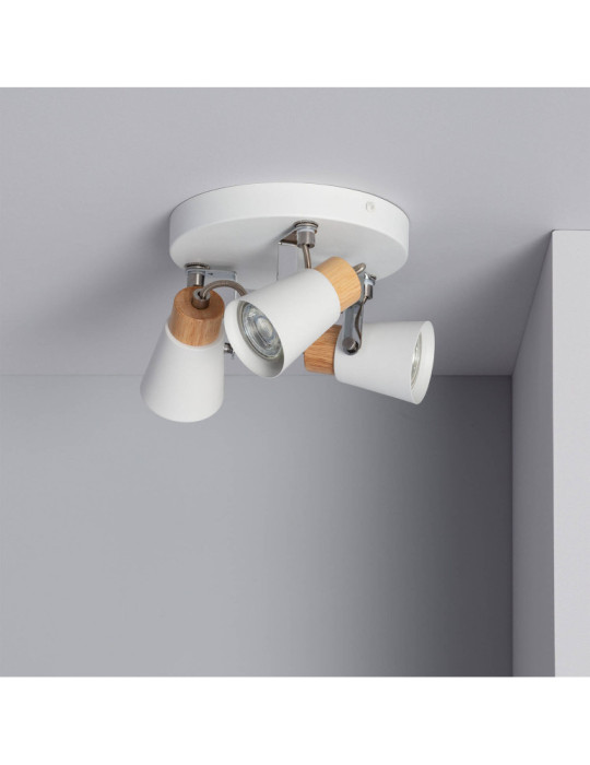 Plafonnier Rond Orientable Métal et Bois Mara 3 Spots