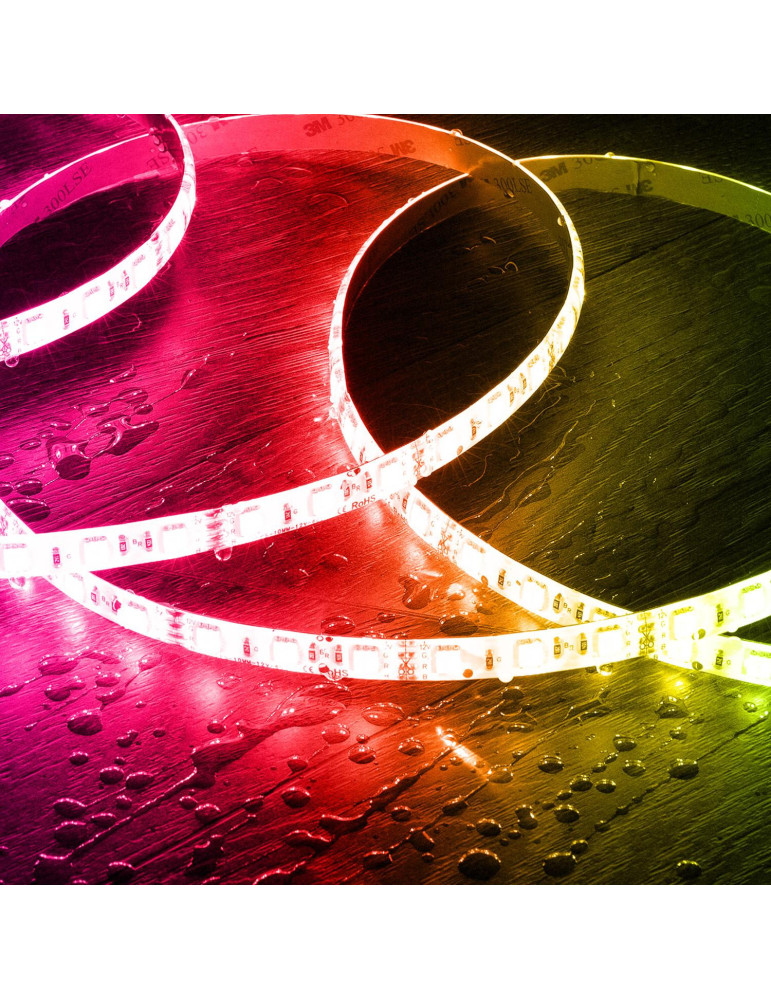 Ruban LED RGB 12V DC SMD5050 60LED/m 5m IP65 Largeur 10mm Coupe 10cm