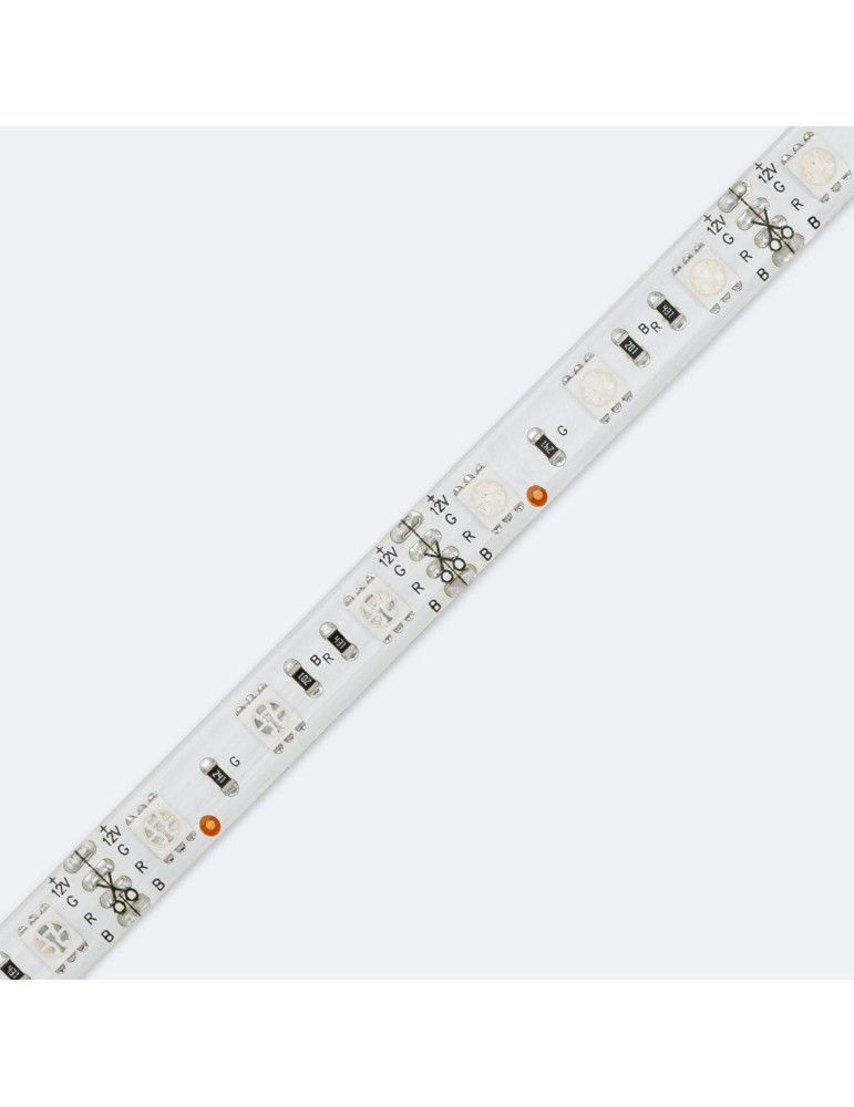 Ruban LED RGB 12V DC SMD5050 60LED/m 5m IP65 Largeur 10mm Coupe 10cm
