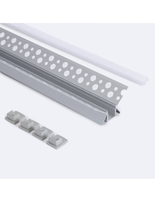 Profilé Aluminium Intégration Plâtre/Placo avec Capot Continu pour Ruban LED pour Angle Intérieur jusqu'à 9 mm