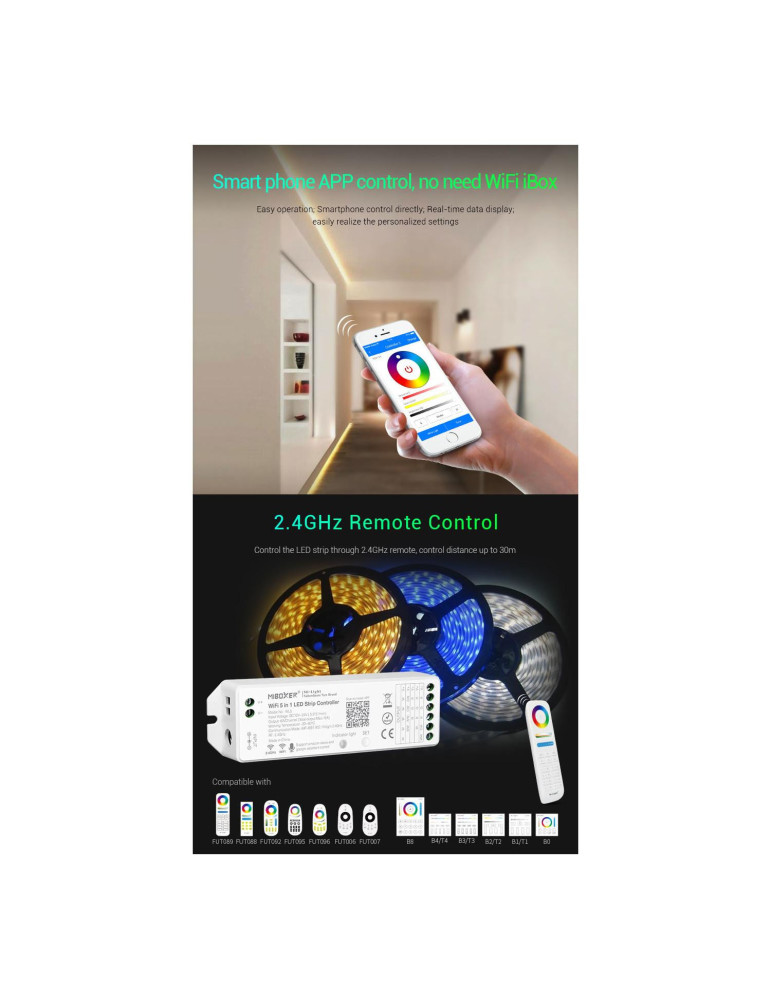 Contrôleur Variateur LED WiFi 5 en 1 pour Ruban LED 12/24V DC Monochrome/CCT/RGB/RGBW/RGBWW MiBoxer