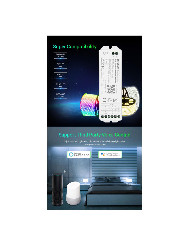 Contrôleur Variateur LED WiFi 5 en 1 pour Ruban LED 12/24V DC Monochrome/CCT/RGB/RGBW/RGBWW MiBoxer