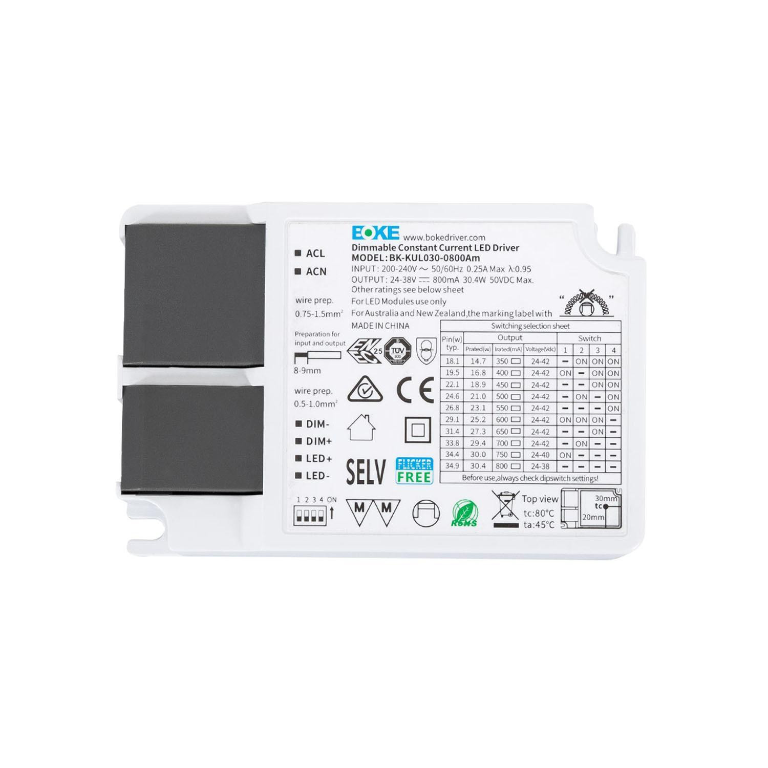 Driver BOKE Dimmable 1-10V 200-240V Sortie 24-42V DC 350-800mA 15-30W No Flicker BK-KUL030 30W