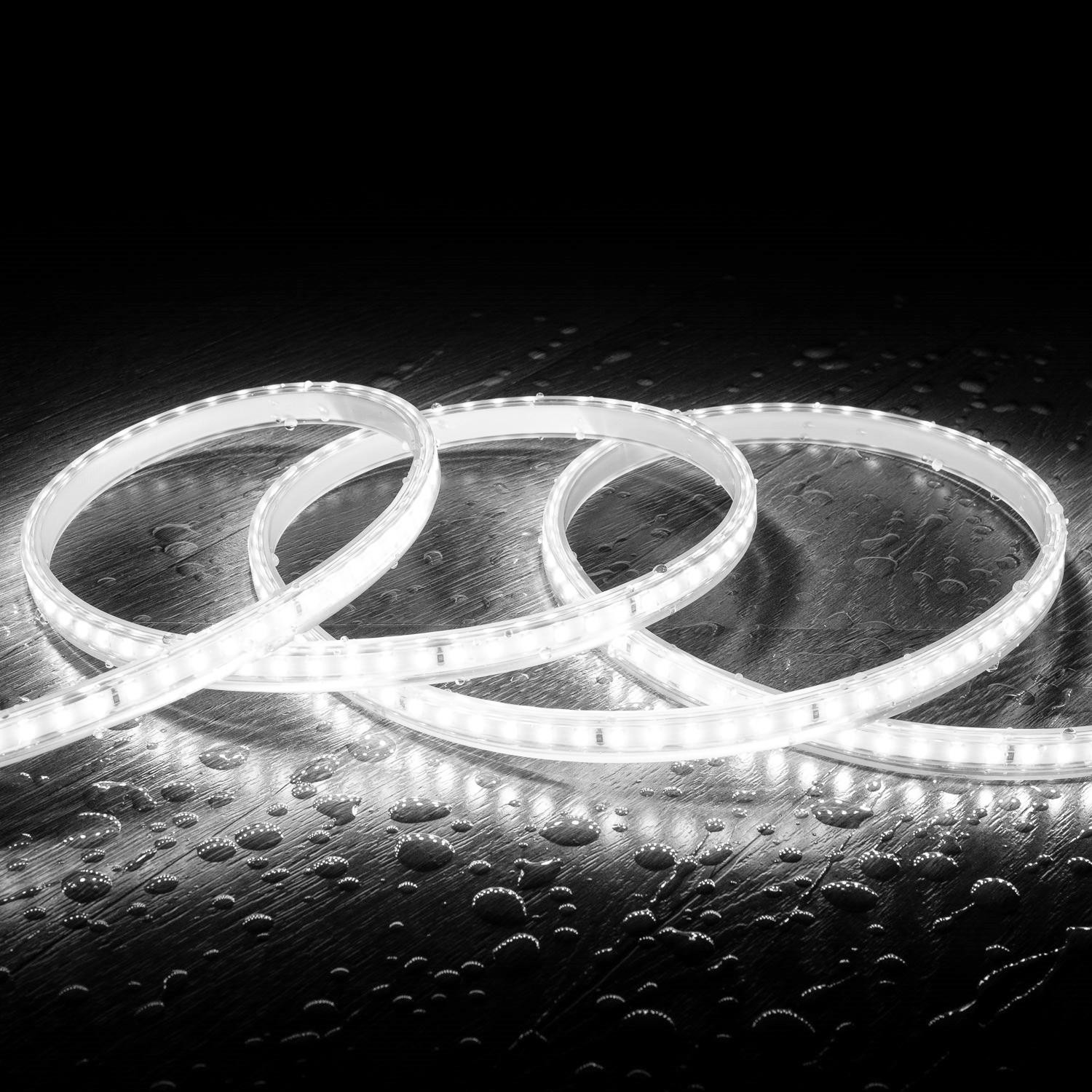 Ruban LED 220V SMD2835 120LED/m Blanc Froid IP65 Largeur 12mm Coupe tous les 100cm 15m